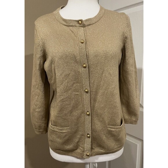 Talbots Sweaters - Talbots P Gold Metallic Cardigan M 3/4 Sleeves Shimmer Classy Event Statement
